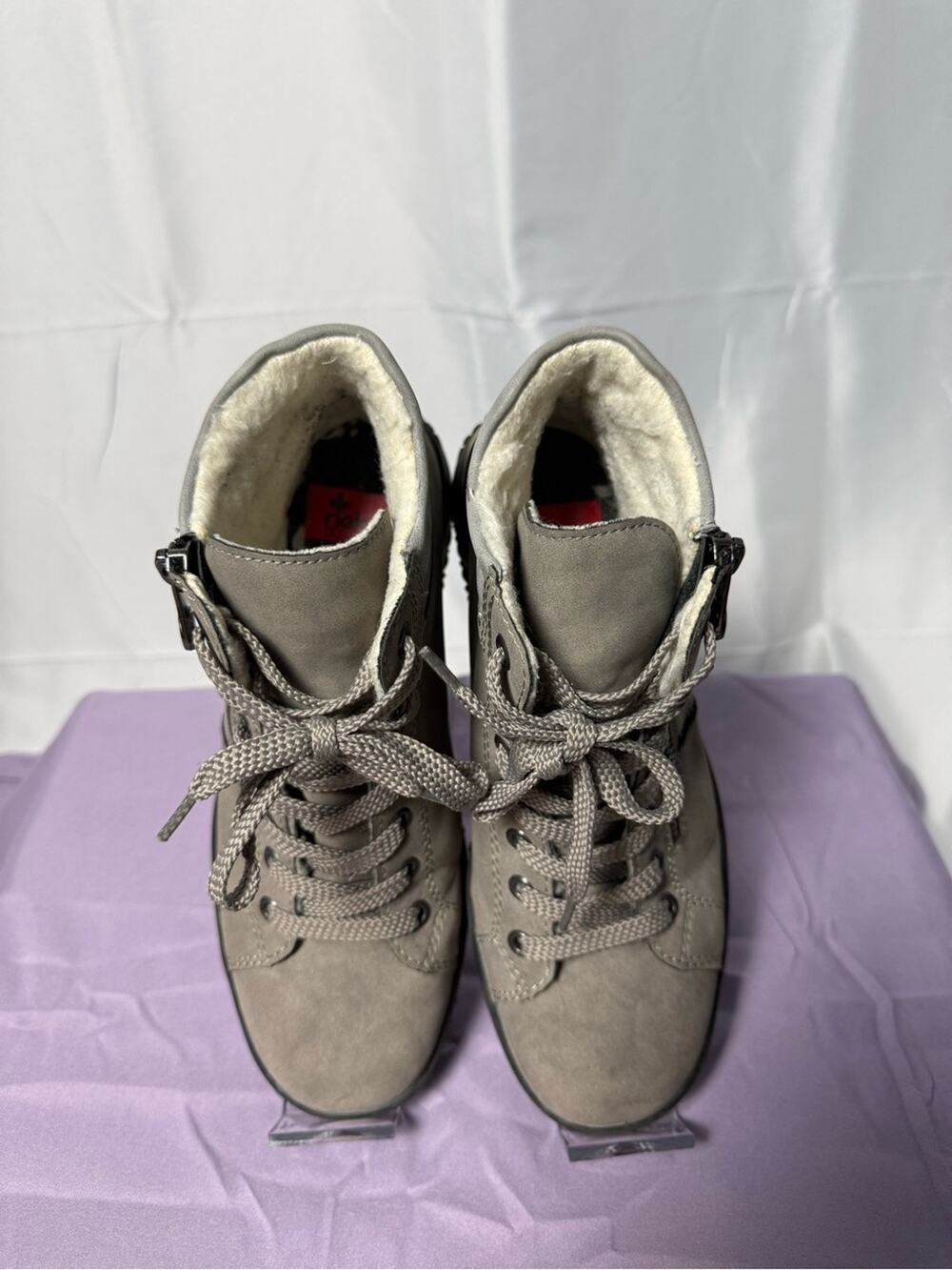 Rieker Gray Lace-Up Faux Fur Ankle Boots